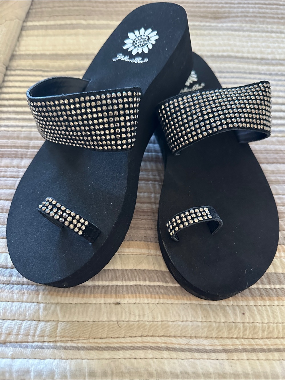 Yellow Box Black Rhinestone Wedge Toe-Ring Sandals with Wide Studded Strap